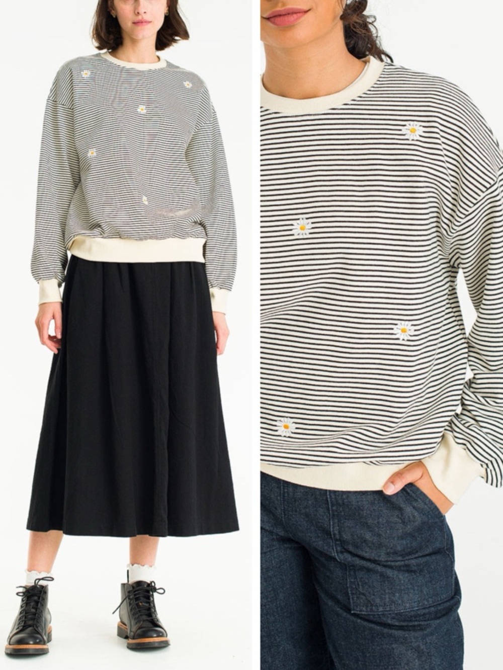 OLIVE Women Striped Daisy Floral Embroidered Crewneck Cotton Sweater SMALL